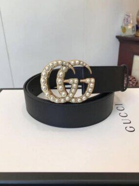 Gucci Black Belt with Gold GG Pearl Buckle Size 90